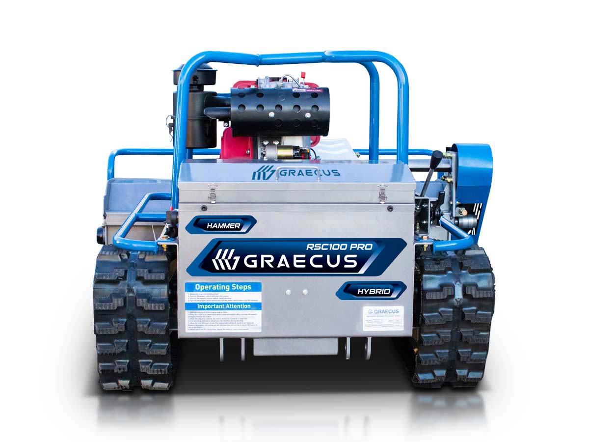 Graecus | Τηλεκατευθυνόμενος καταστροφέας 100εκ χόρτων και κλαδιών με σφυριά, υβριδικός, ερπυστριοφόρος, ραδιοχειριστήριο 150m και Loncin 459cc 18hp RSC100 PRO Hybrid Hammer Loncin